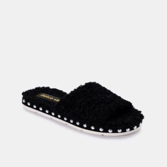 Dolce Vita New Black Fuzzy Slides Studded 8 - Picture 1 of 4